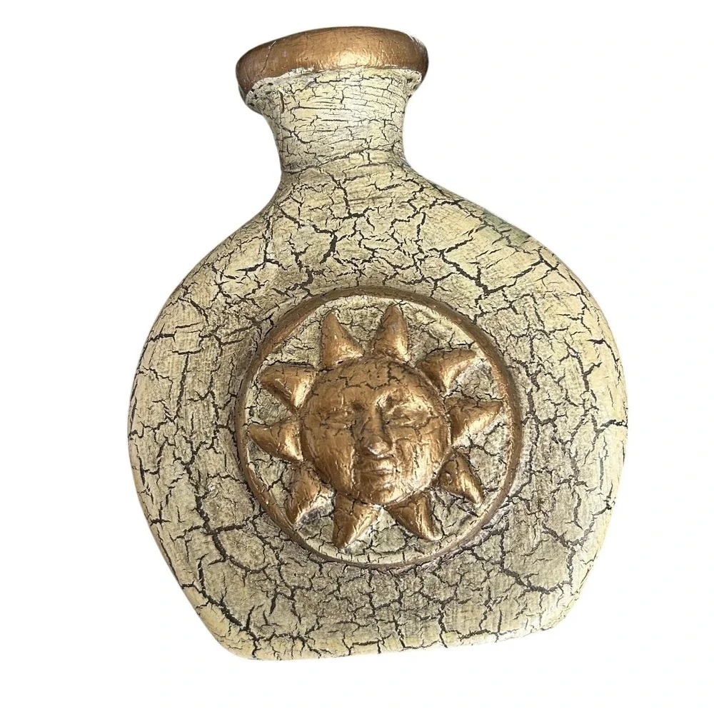 Vintage Decorative Celestial Vase Small Cream Gold Sun Face Crackle Glaze